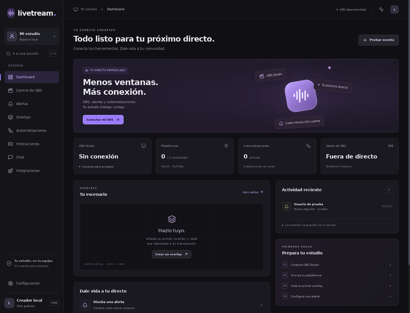 Panel de livetream con navegación lateral, estado de OBS, plataformas, automatizaciones y preparación del estudio